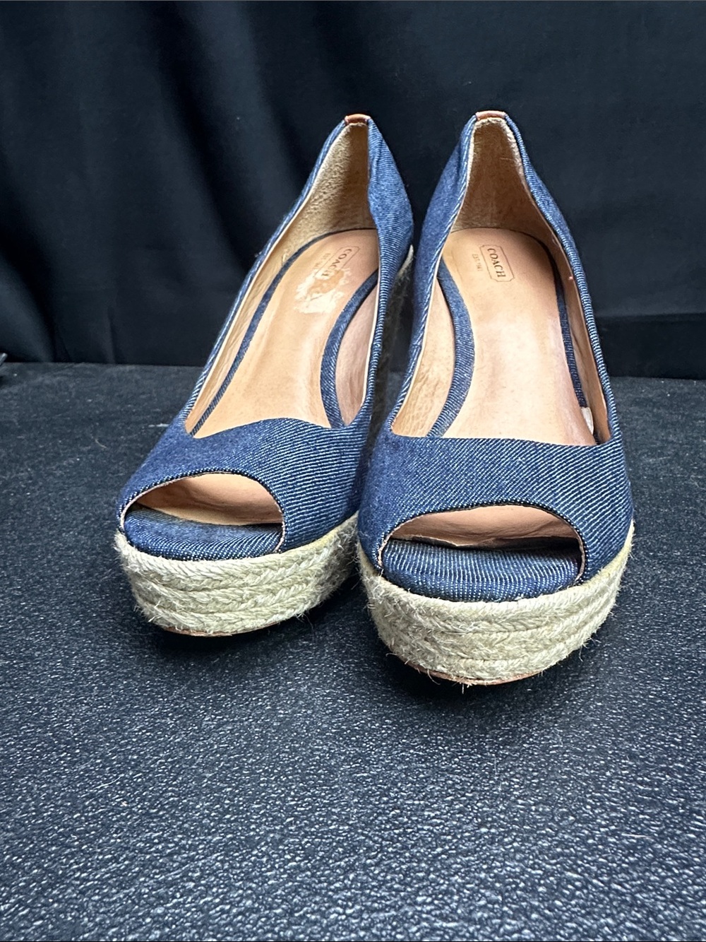 Coach Navy Denim Espadrille Wedges with Tan Leather Trim - Picture 8 of 9